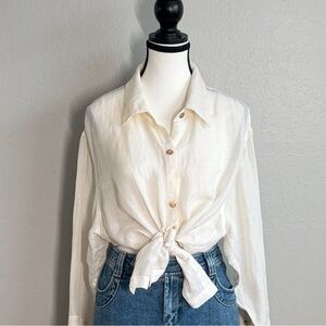 IOS Linen Silk Blend Button Down Shirt XL White Coastal Grandma Minimalist